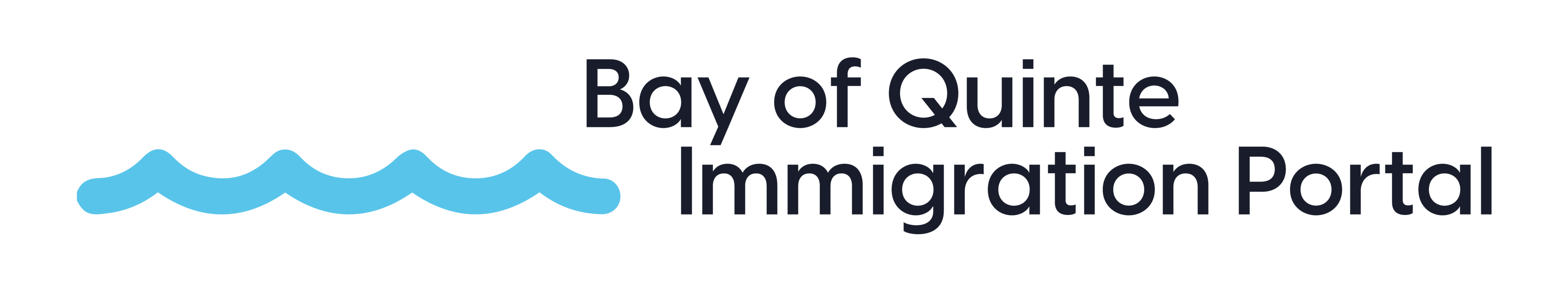 Bay of Quinte Immigration logo has the words Bay of Quinte Immigration in black stacked to the left and a blue wavy line indicating water on the right.