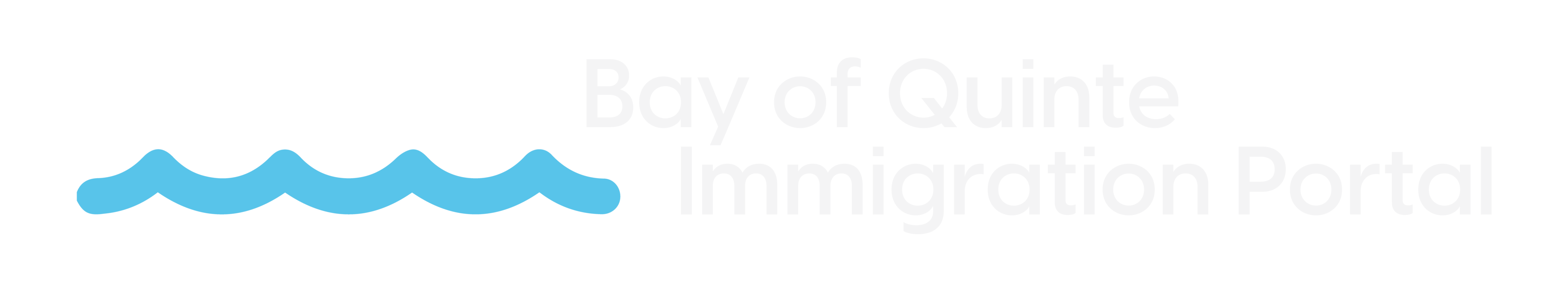 Bay of Quinte Immigration logo has the words Bay of Quinte Immigration in white stacked to the left and a blue wavy line indicating water on the right.