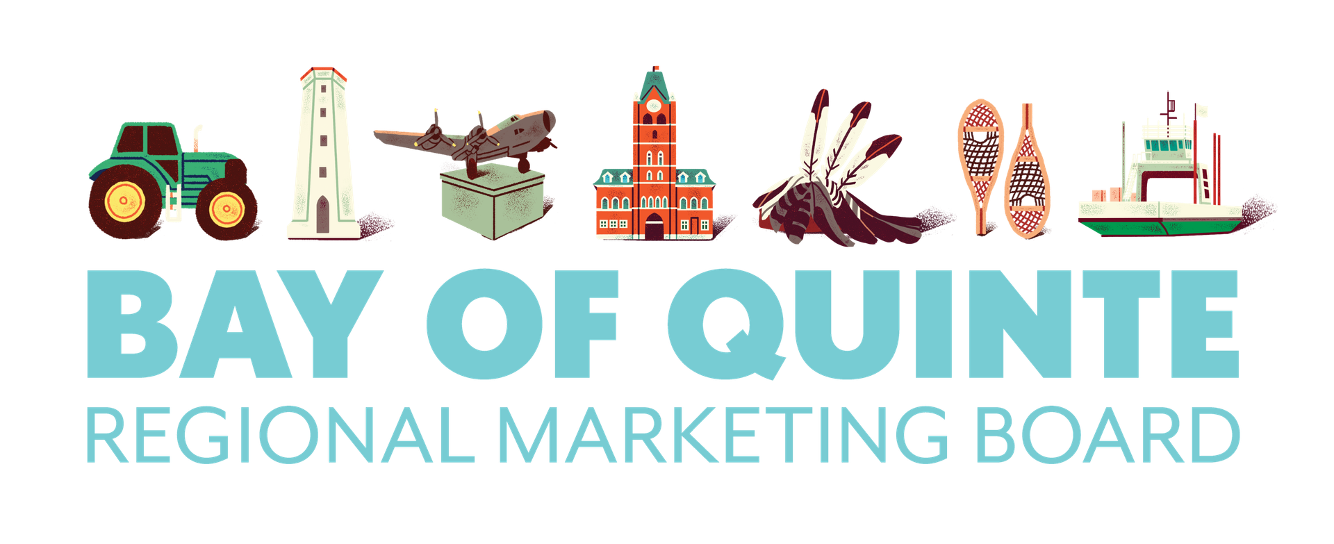The Bay of Quinte Regional Marketing Board logo with those words and icons above. A tractor, lighthouse, plane, city hall, feather headdress, snowshoes and ferry boat.