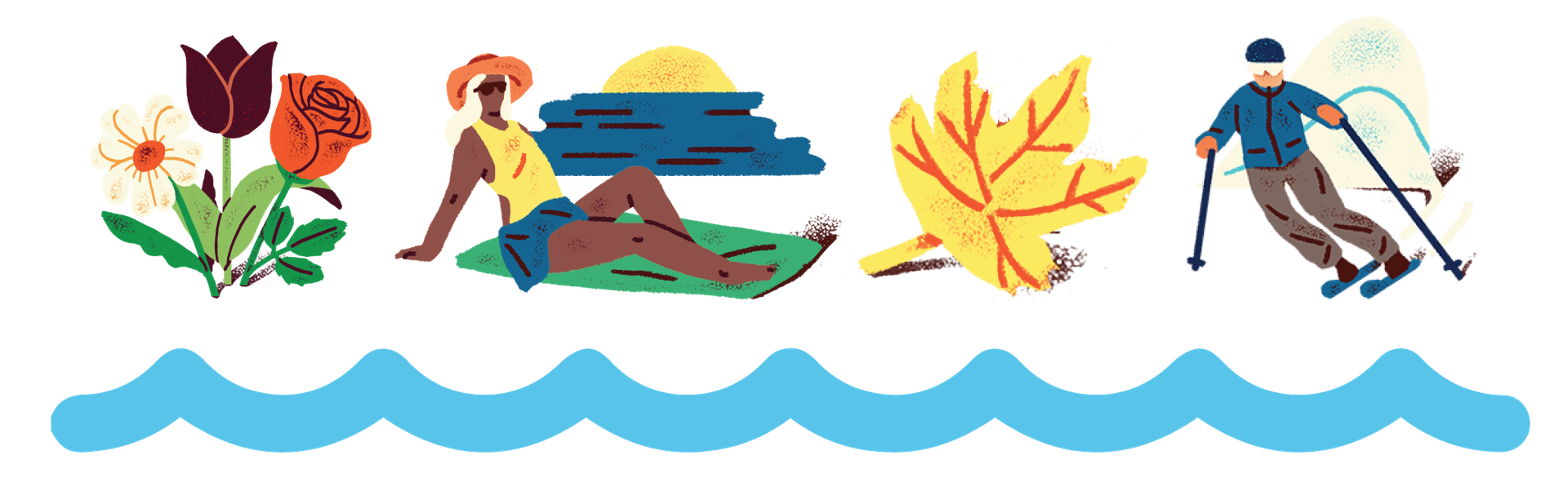 A blue wavy line with four icons above it (flowers, woman at beach, yellow leaf, downhill skier).