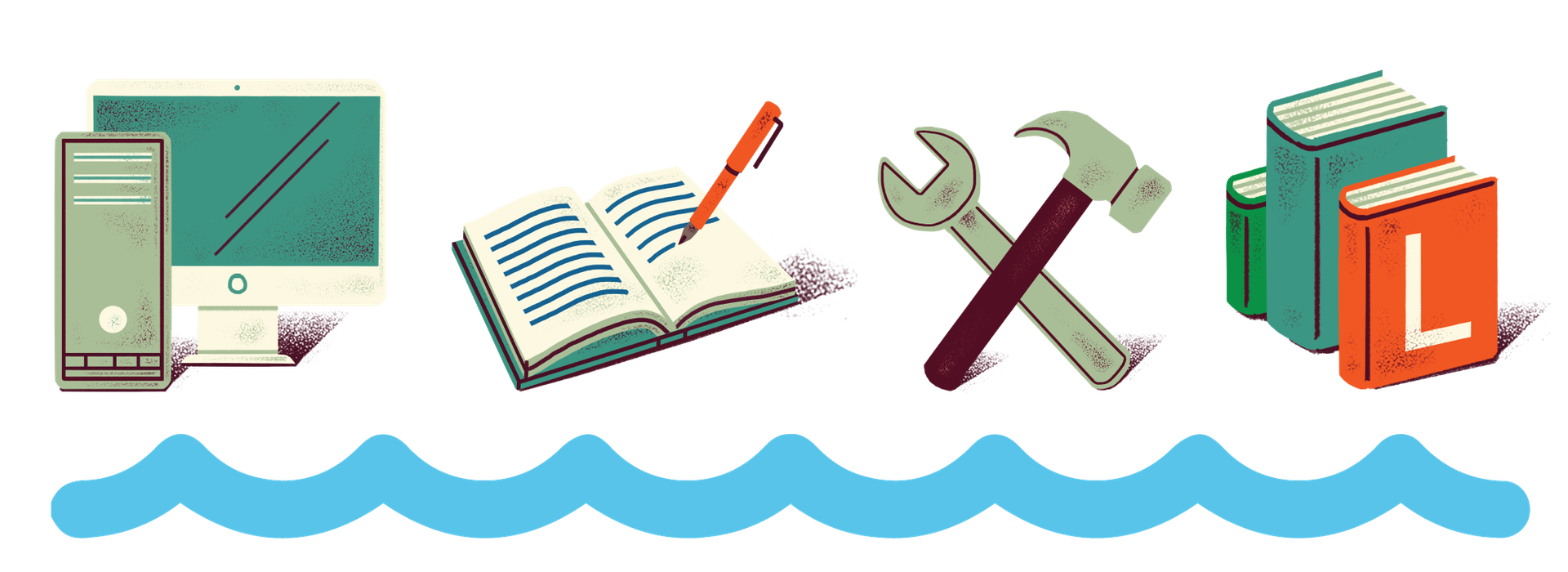 A blue wavy line with four icons above it (computer and phone, notebook and pen, hammer and wrench, books).