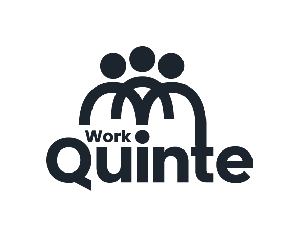 A black logo that has three dots with arches above the words Work in Quinte.